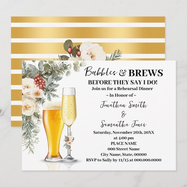 Invitation Winter Bubbles & Brews Rehearsal Dinner (Devant / Derrière)