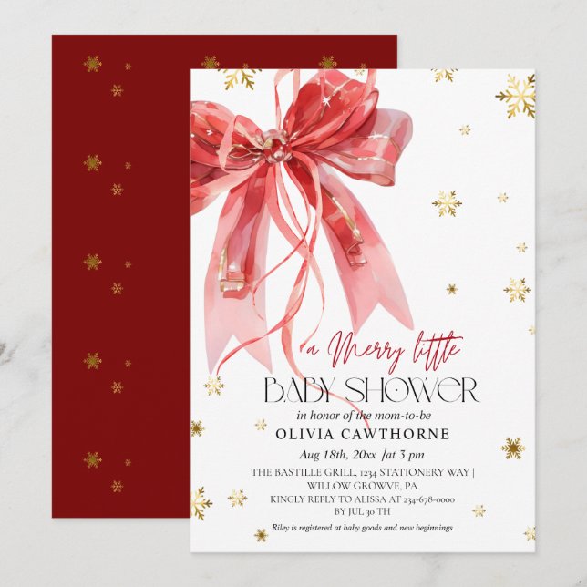 Invitation Winter Christmas Red Bow Baby Shower (Devant / Derrière)