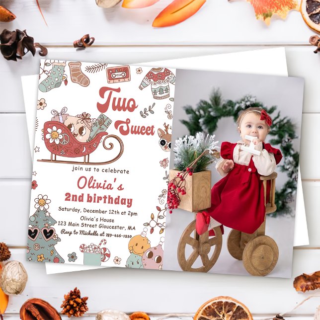 Invitation Winter Christmas Retro Two Sweet 2nd Birthday (Créateur téléchargé)