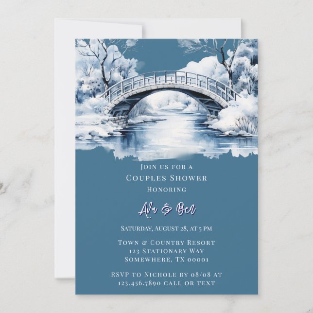 Invitation Winter Country Water Stream Bridge Couples Douche (Devant)