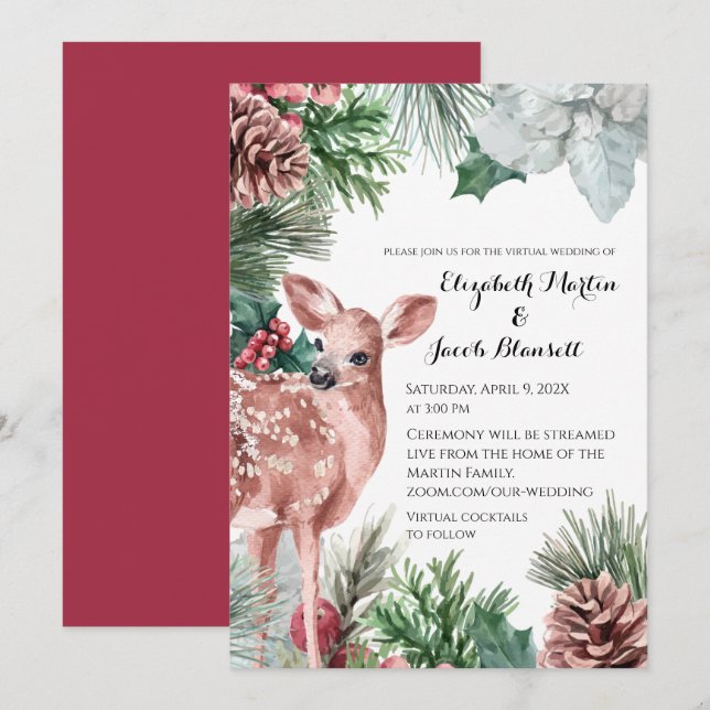 Invitation Winter Deer, Pinecones et Holly Virtual Mariage (Devant / Derrière)