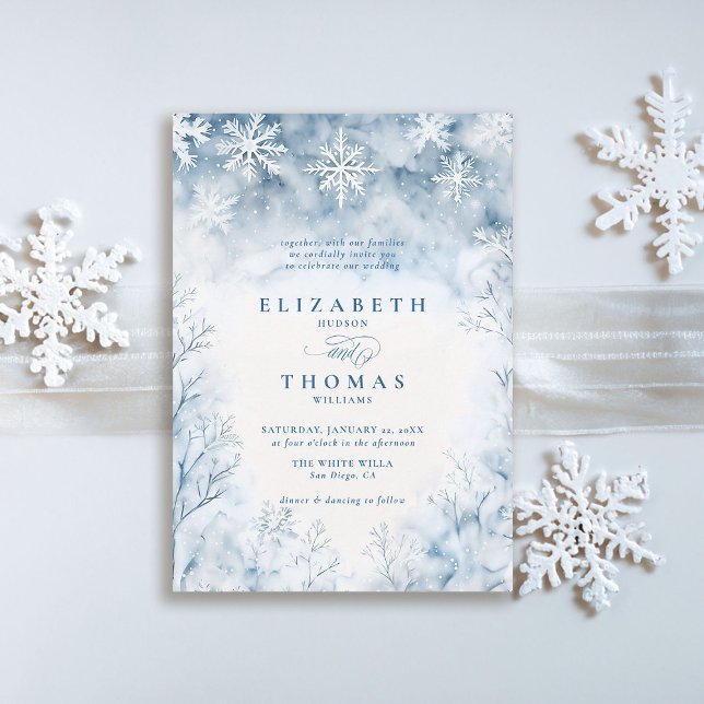 Invitation Winter Falling Forêt de Neige Rustique Elégant Mar (winter wedding invitation elegant white falling snow rustic elegant forest frozen trees watercolor)