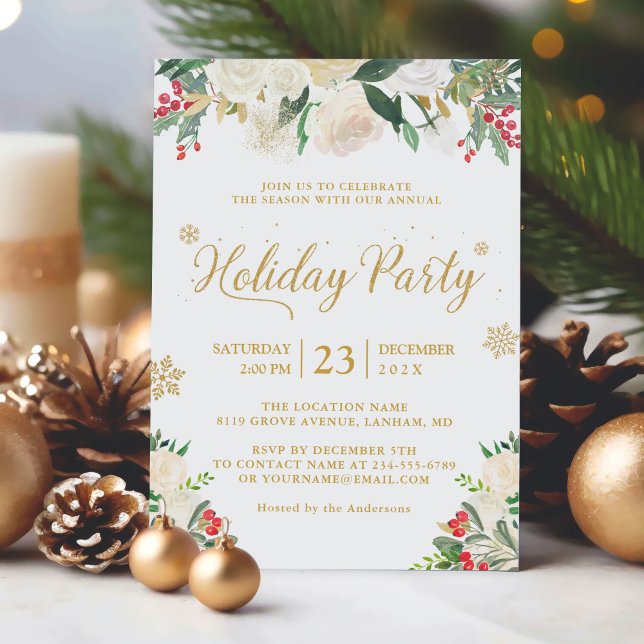 Invitation Winter Floral Berries Gold Parties scintillant Fêt (Sample 1)