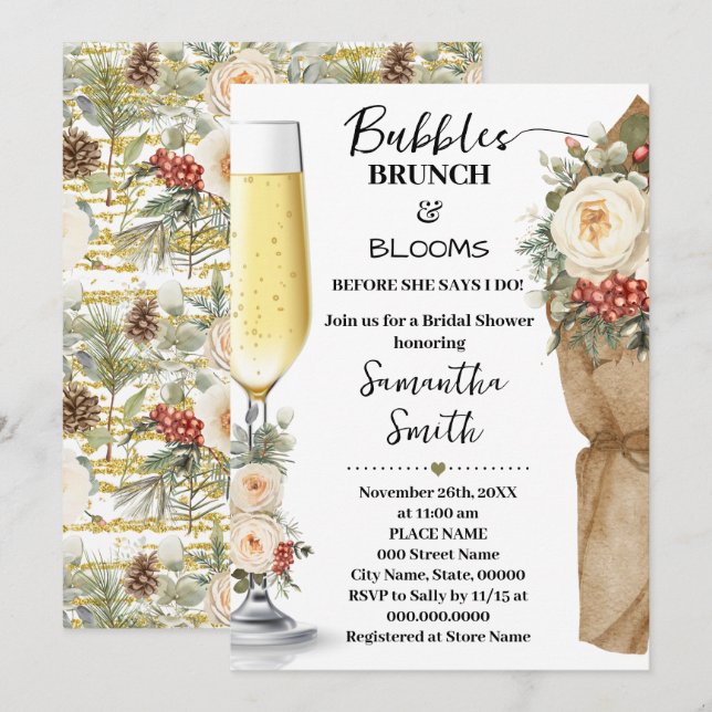 Invitation Winter Floral Bubbles Brunch & Bloom Bridal Shower (Devant / Derrière)