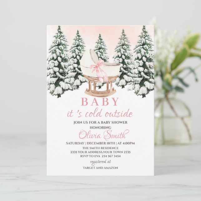 Invitation Winter Forest Pink It's Cold Outside Baby Shower (Debout devant)