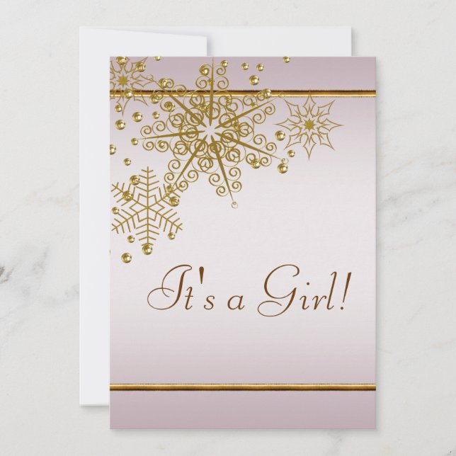 Invitation Winter Gold Pink Snowflakes Baby Girl Douche (Devant)