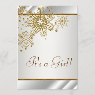 Invitation Winter Gold White Snowflakes Baby Girl Douche