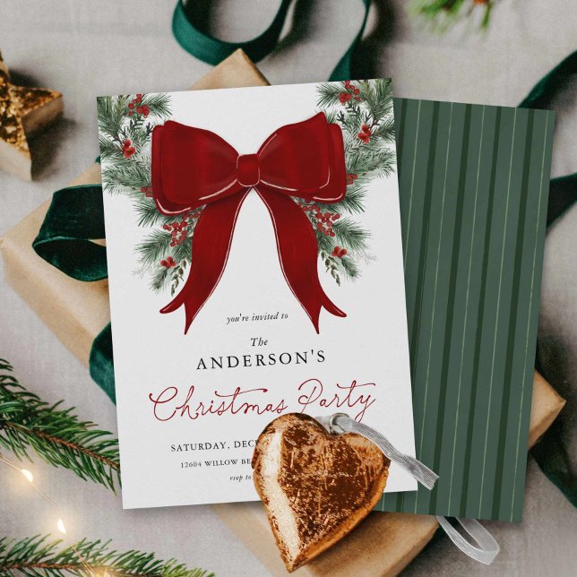 Invitation Winter Greenery Christmas Party Invite (Red Bow and Wreath Christmas Party Invitation)