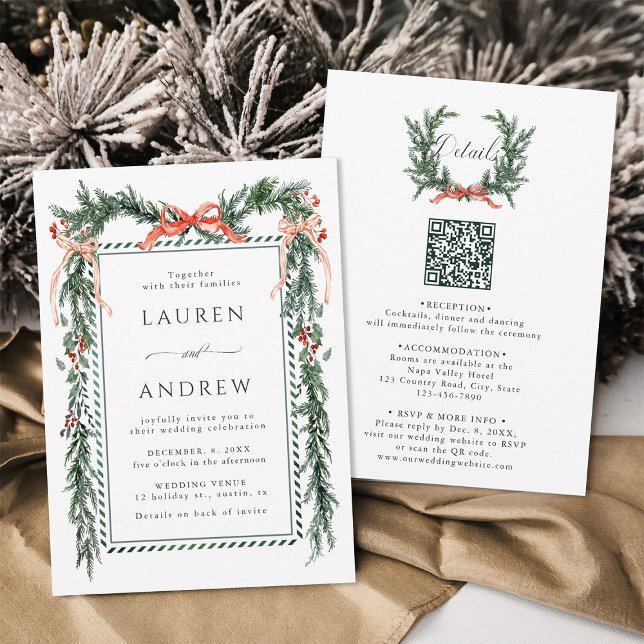 Invitation Winter Greenery Garland Wedding All in One (Front & Back)