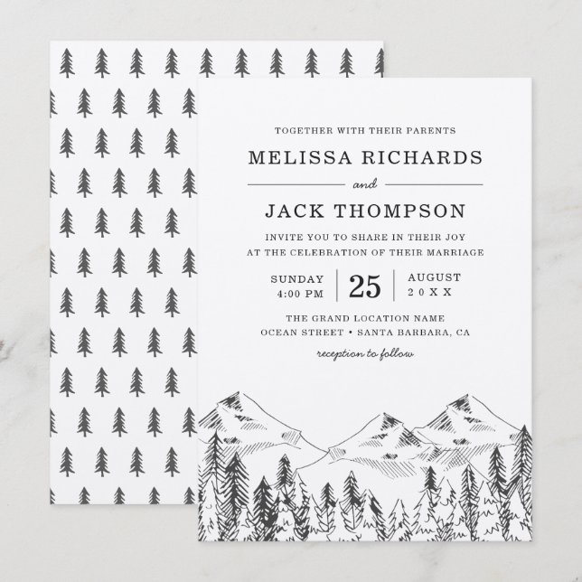 Invitation Winter Mountain Pine Tree Forest Mariage rustique (Devant / Derrière)