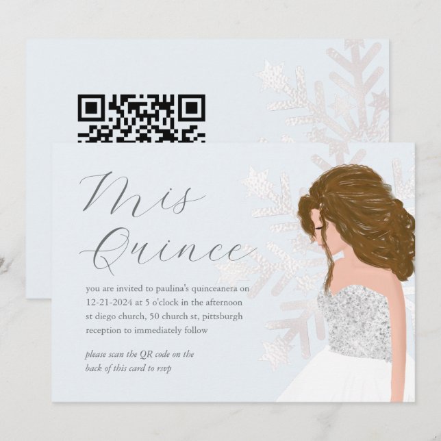 Invitation Winter Neige 15e anniversaire Quinceañera QR Code (Devant / Derrière)