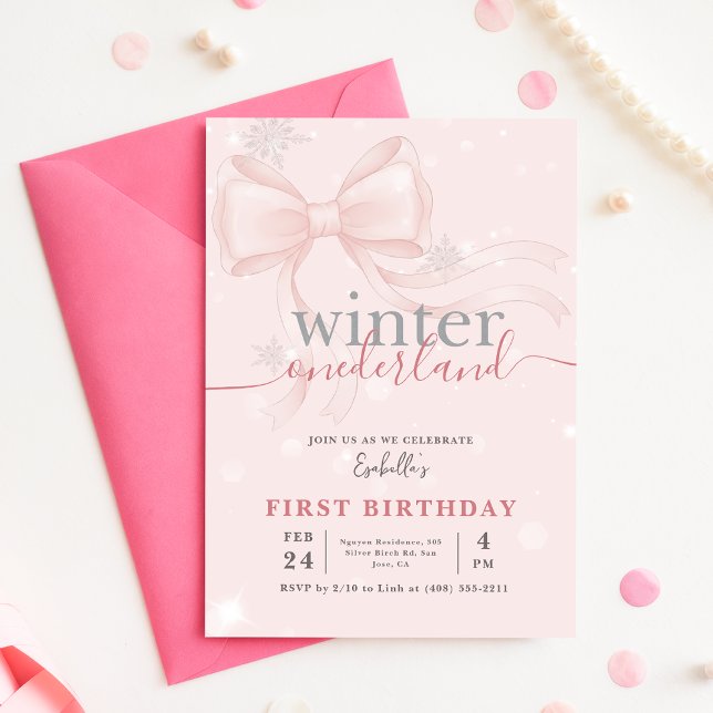 Invitation Winter Onederlan Pink Bow Baby First Birthday (Créateur téléchargé)
