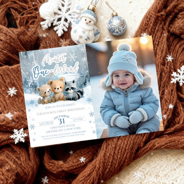 Invitation Winter Onederland Bear Blue First Birthday Photo (Créateur téléchargé)