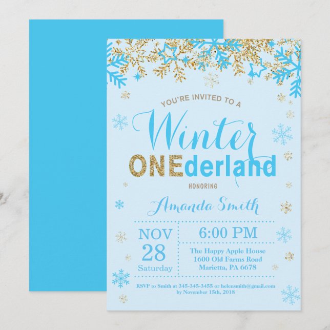 Invitation Winter Onederland Blue and Gold Boy 1st Birthday (Devant / Derrière)