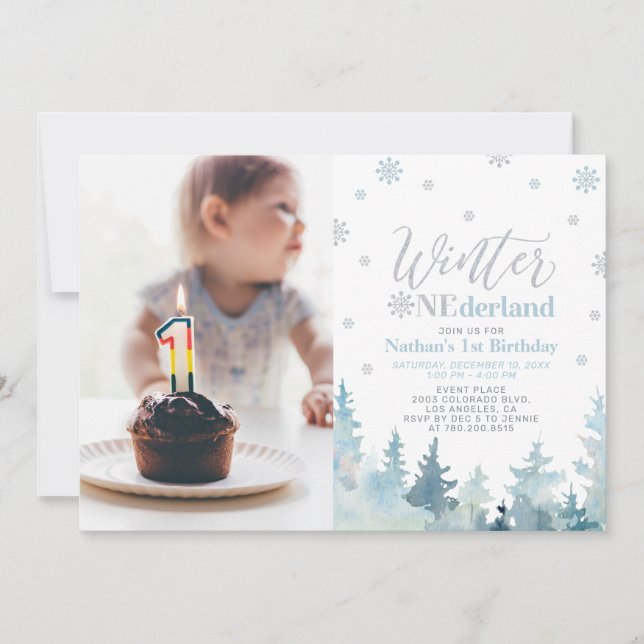 Invitation Winter Onederland Blue Boy 1er Birthday Photo (Devant)