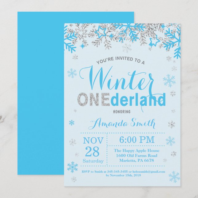 Invitation Winter Onederland Blue et Silver Boy 1er anniversa (Devant / Derrière)