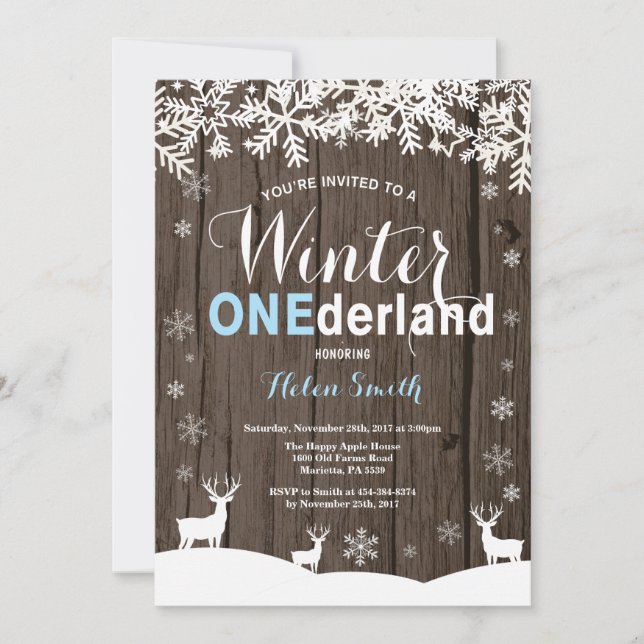 Invitation Winter Onederland Bois rustique Bois garçon 1er an (Devant)