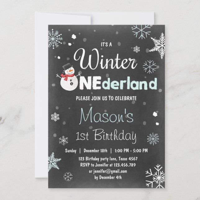 Invitation Winter Onederland fête d'anniversaire bonhomme de  (Devant)