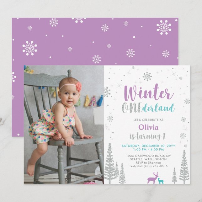 Invitation Winter Onederland, Fille 1ère photo Anniversaire (Devant / Derrière)