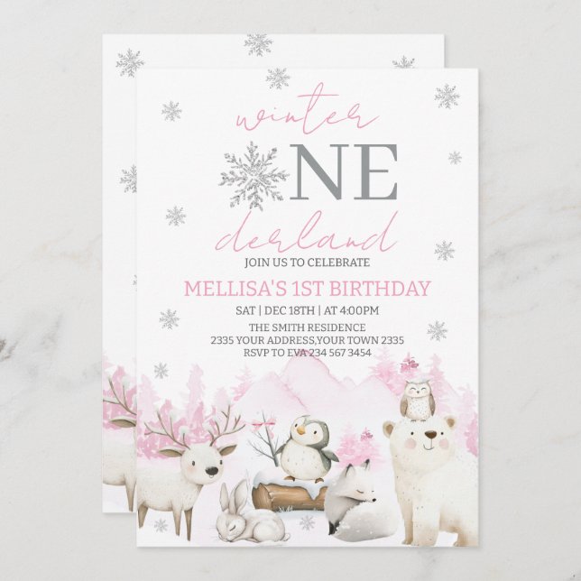 Invitation Winter ONEderland first birthday (Devant / Derrière)
