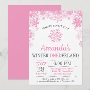 Invitation Winter Onederland Flocon de neige rose fille 1er a