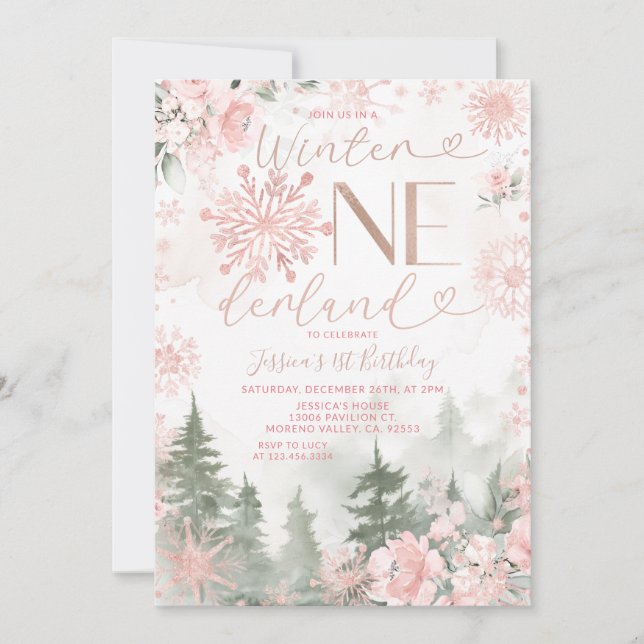 Invitation Winter Onederland Forest Pink Snowflake Birthday (Devant)