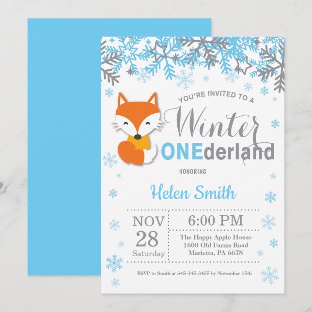 Invitation Winter Onederland Fox Boy (Devant / Derrière)