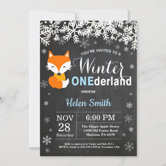 Invitation Winter Onederland Fox Boy 1er Anniversaire Invitat (Devant)