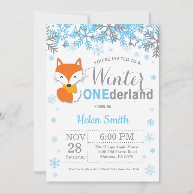 Invitation Winter Onederland Fox Boy 1st Birthday (Devant)