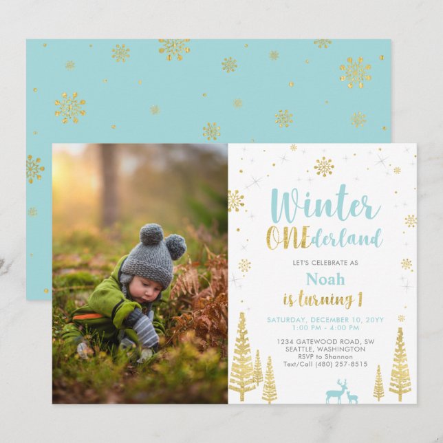 Invitation Winter Onederland, Garçon 1ère photo Anniversaire (Devant / Derrière)