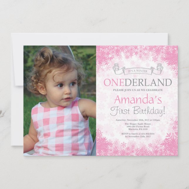 Invitation Winter Onederland Girl 1er Anniversaire Photo (Devant)