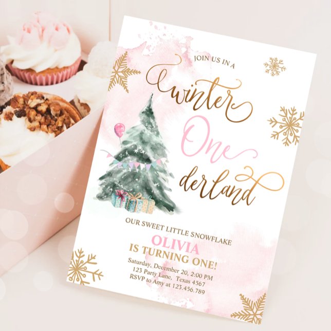 Invitation Winter Onederland Girl Rose or 1er anniversaire (Créateur téléchargé)