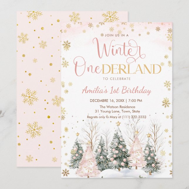 Invitation Winter Onederland Gold Snowflakes 1st Birthday (Devant / Derrière)
