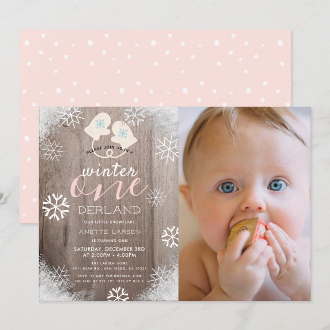 Invitation Winter Onederland Mittens fille rose 1er anniversa (Devant / Derrière)