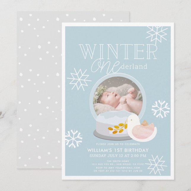 Invitation Winter Onederland Neige Globe Bleu 1er anniversair (Devant / Derrière)