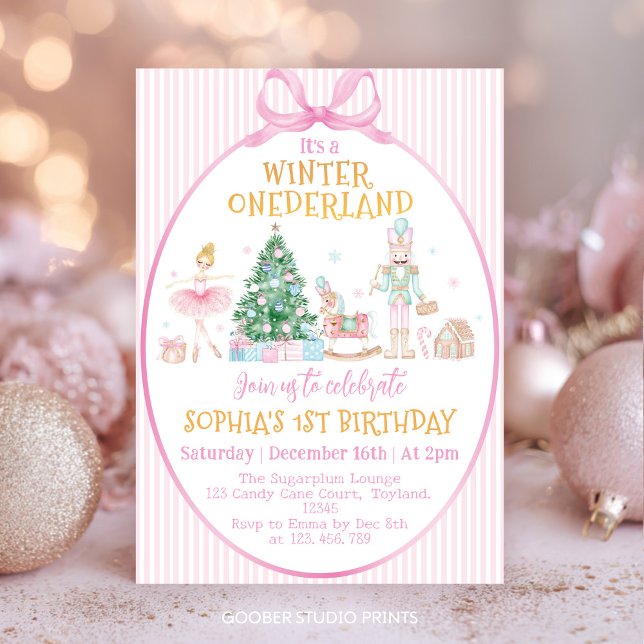 Invitation Winter Onederland Nutcracker Pink Bow Birthday (Créateur téléchargé)