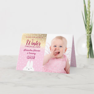 Invitation Winter Onederland Parties scintillant rose et or 1