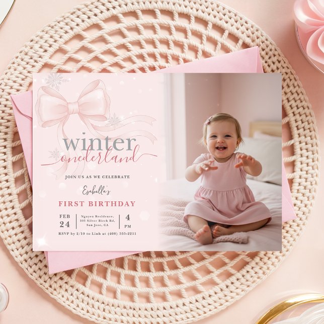 Invitation Winter ONEderland Photo Pink Bow First Birthday (Créateur téléchargé)