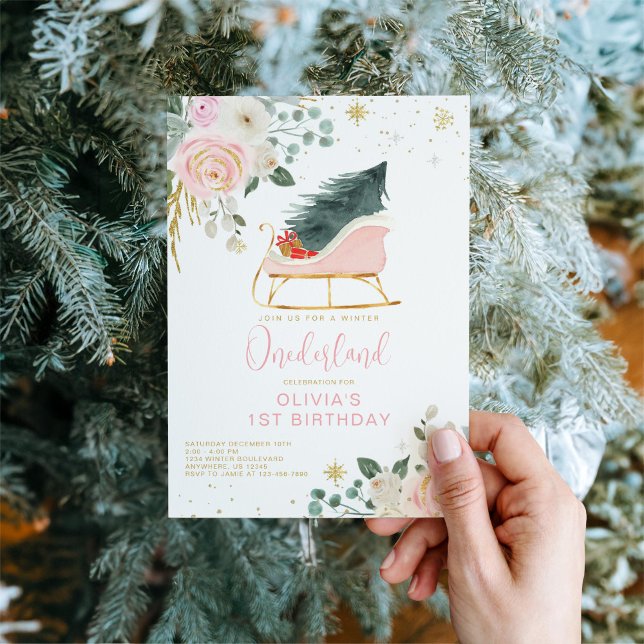 Invitation Winter Onederland Pink and Gold Sleigh Anniversair (Créateur téléchargé)