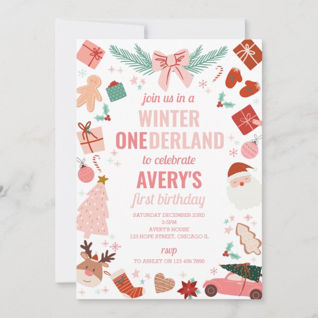 Invitation Winter Onederland Pink Christmas Girl 1er annivers (Devant)