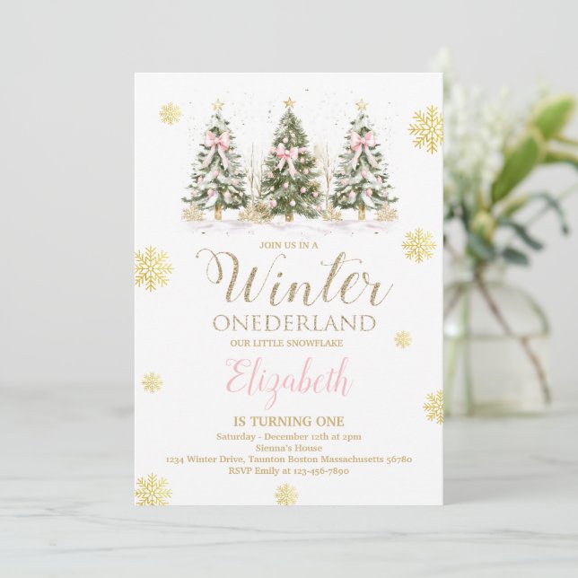 Invitation WINTER ONEderland Pink & Faux Gold 1st Birthday  I (Debout devant)