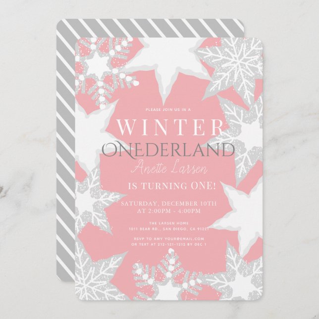 Invitation Winter Onederland Pink & Silver 1er anniversaire (Devant / Derrière)