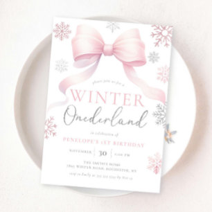 Invitation Winter Onederland Pink Silver Bow 1er anniversaire
