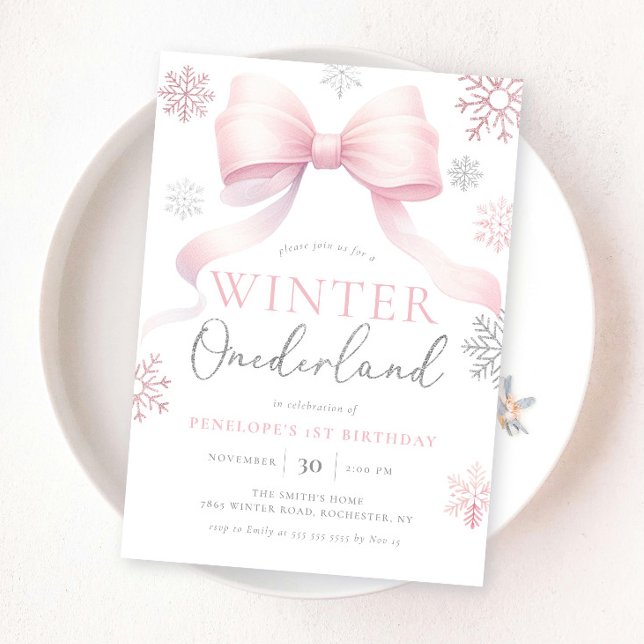 Invitation Winter Onederland Pink Silver Bow 1er anniversaire (Créateur téléchargé)