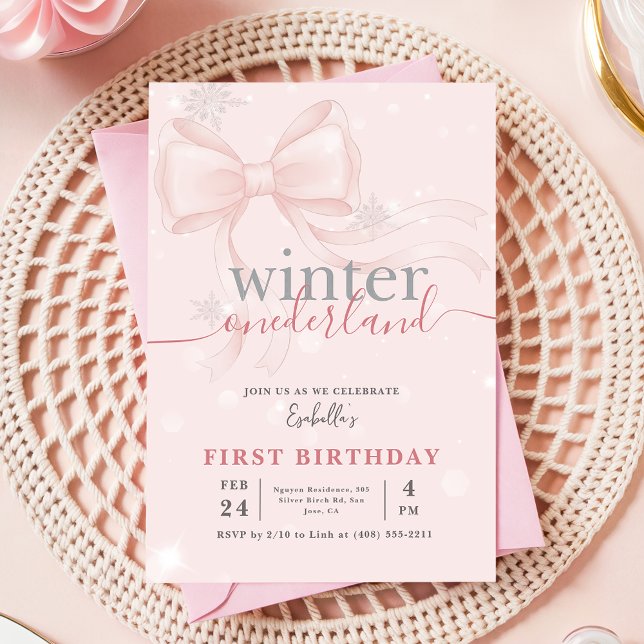Invitation Winter Onederland Pink Snowflake Bow 1st Birthday (Créateur téléchargé)
