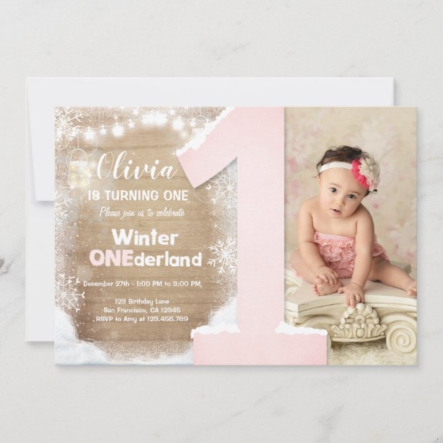 Invitation Winter Onederland Pink Snowflake Girl 1er annivers (Devant)