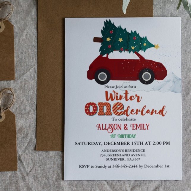 Invitation Winter Onederland Red Car avec Twin 1er Anniversai (Créateur téléchargé)
