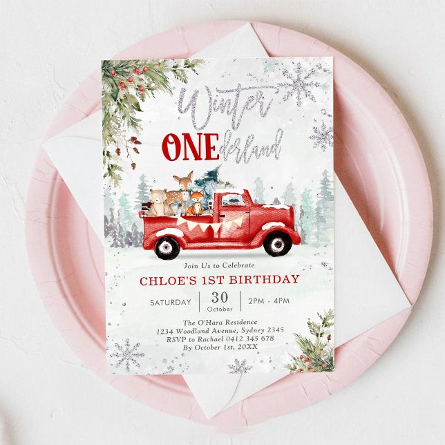 Invitation Winter ONEderland Red Truck 1st Birthday (Créateur téléchargé)