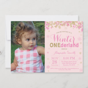 Invitation Winter Onederland Rose et Gold Girl 1er anniversai