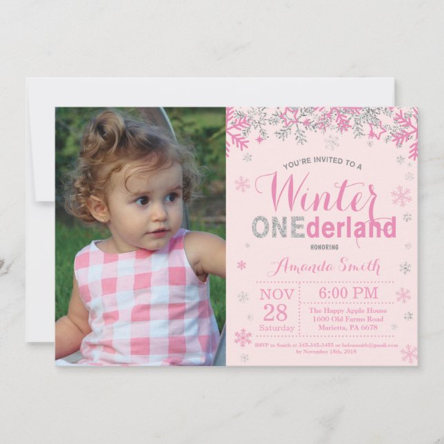 Invitation Winter Onederland Rose Silver Girl 1er anniversair (Devant)